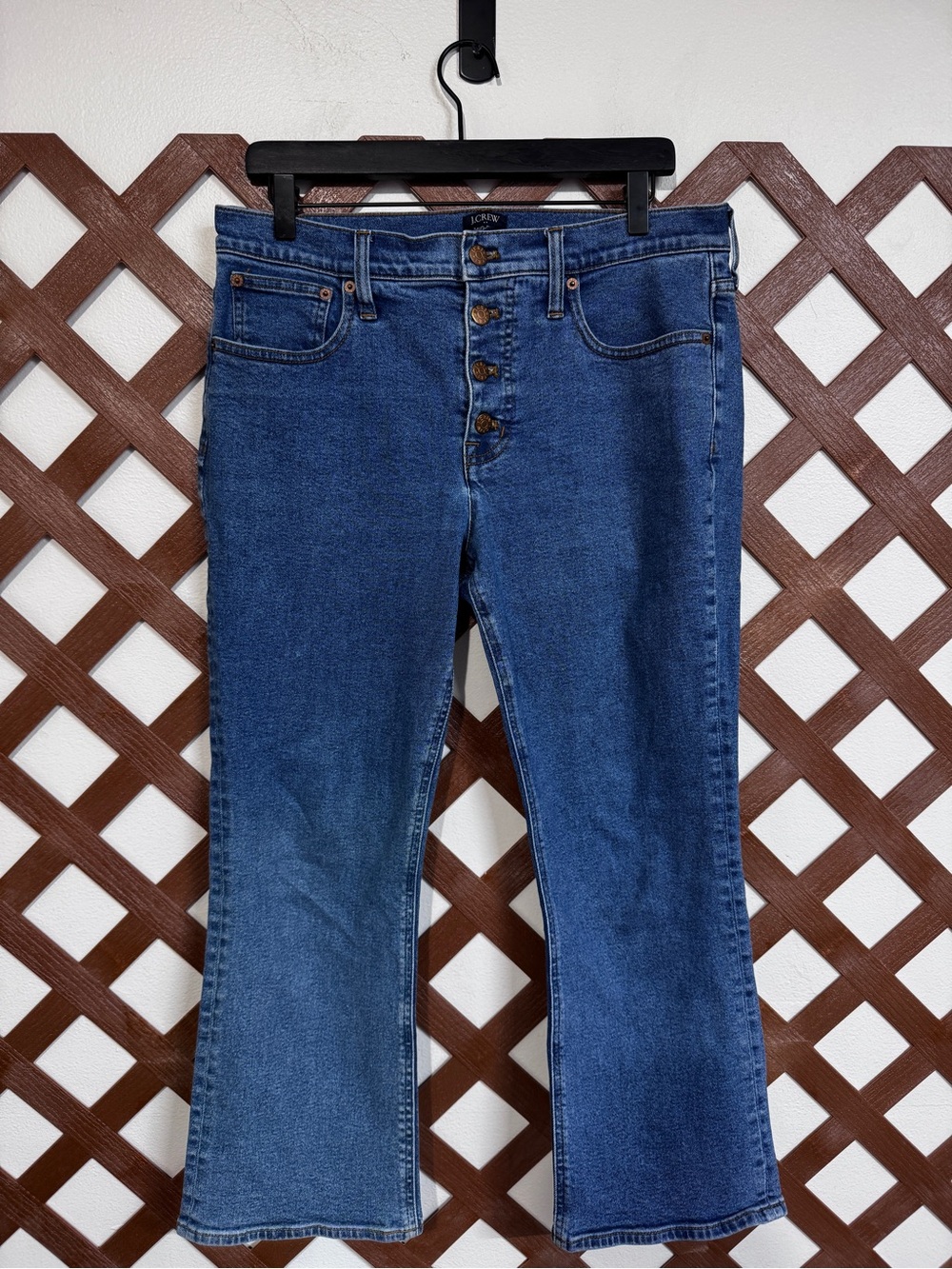 WJ38 {J. Crew} "Mid Rise Flare Crop" Blue Button Fly Bootcut Denim Jeans